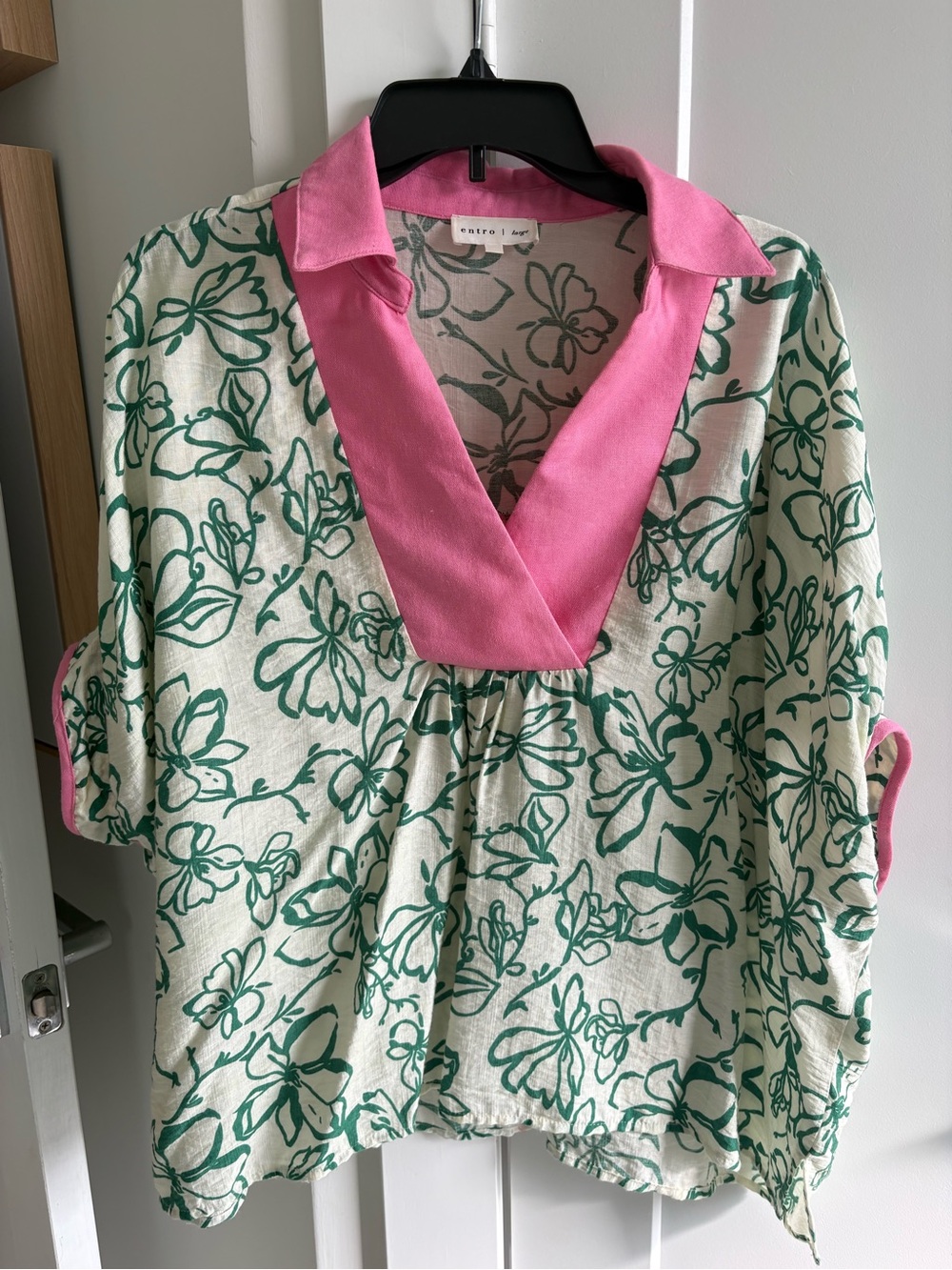 entro Green Floral Print V-Neck Top with Pink Trim